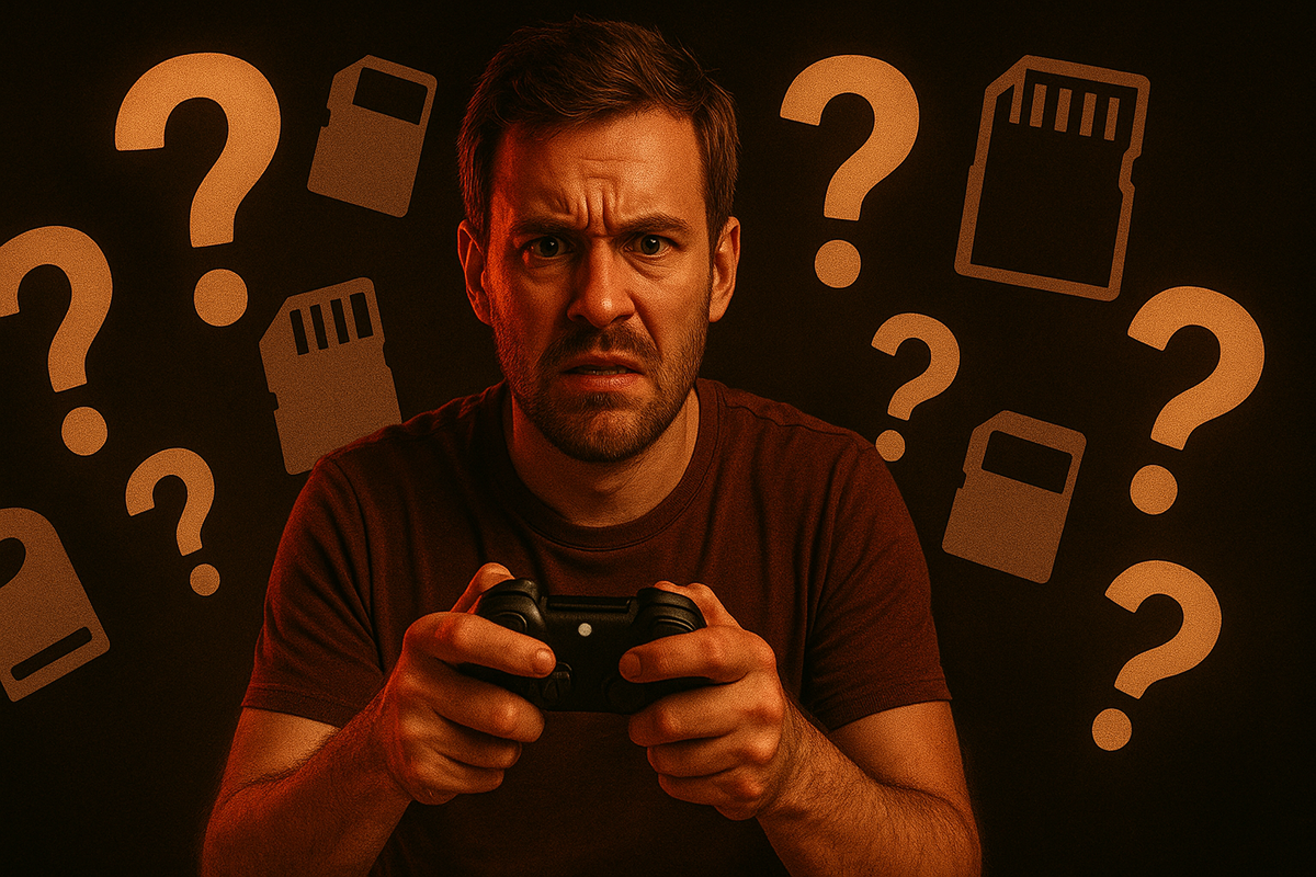 An angry gamer holding a controller, surrounded by SD card icons and question marks, frustrated by compatibility issues.