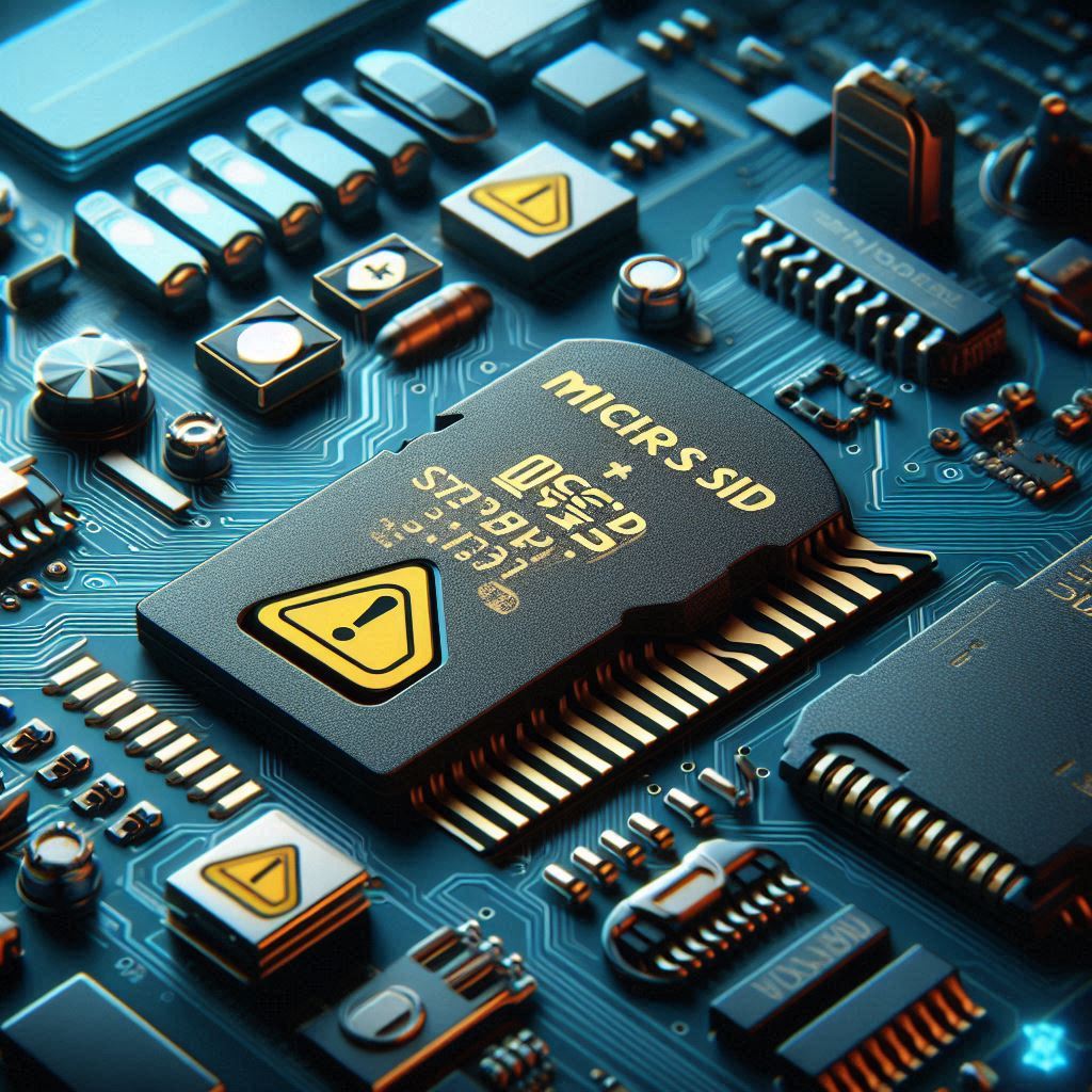Close-up of a microSD Express card with a warning icon placed on a futuristic motherboard, highlighting compatibility and performance risks.