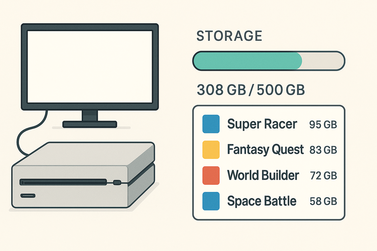 Storage usage chart showing a gaming console nearly full with large game files, raising concerns about running out of space.