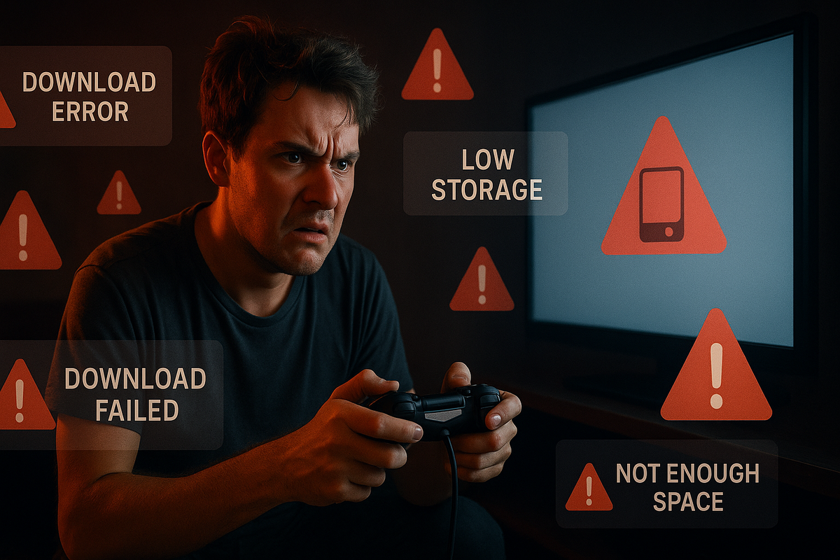 Frustrated gamer staring at a 'Low Storage' alert on screen, surrounded by download error messages—desperation kicks in as there’s no space left for new games.