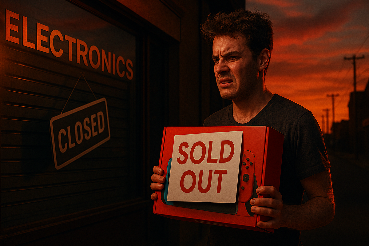 A frustrated man holding an empty game console box labeled “SOLD OUT” in front of a closed electronics store at sunset — expressing disappointment and despair over missing the restock.
