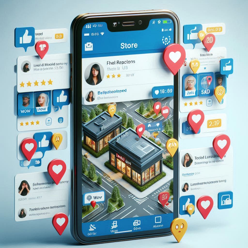 A smartphone screen displaying a digital store map with floating social media reactions and reviews — a flood of likes, hearts, and sad faces reflecting the frustration and excitement of trying to secure a high-demand tech product.