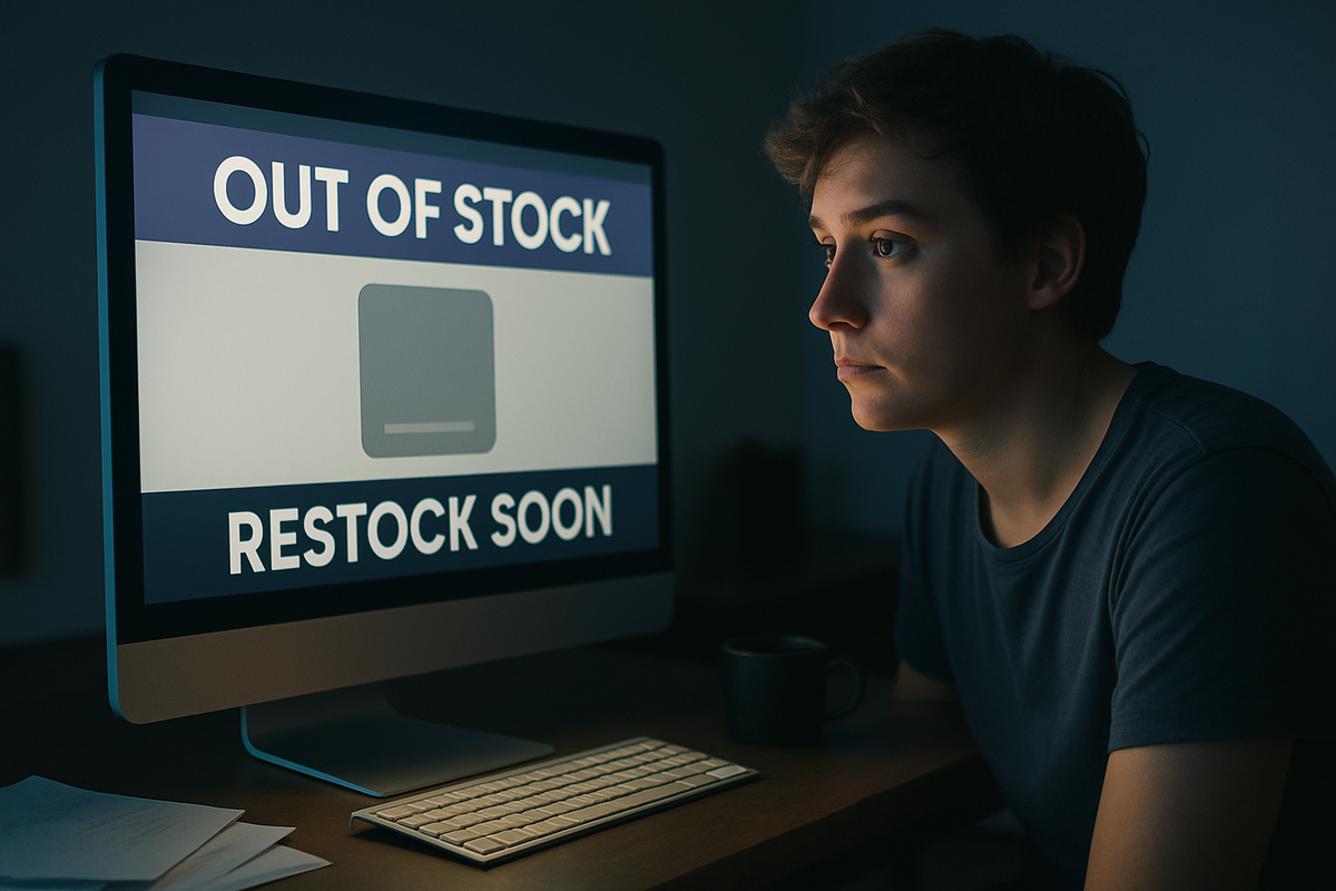 Disappointed shopper looking at “Out of Stock” message on computer screen while waiting for product restock online
