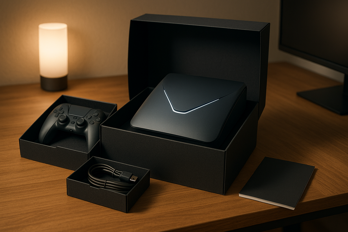Excited hands unboxing a sleek next-gen gaming console set under soft ambient lighting — a new gaming era begins.