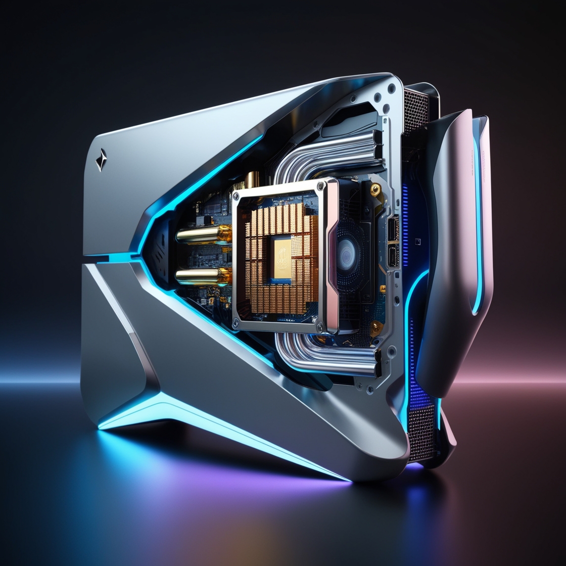 Cutting-edge portable gaming device opened to reveal its futuristic internal hardware — the core of next-gen performance unveiled.
