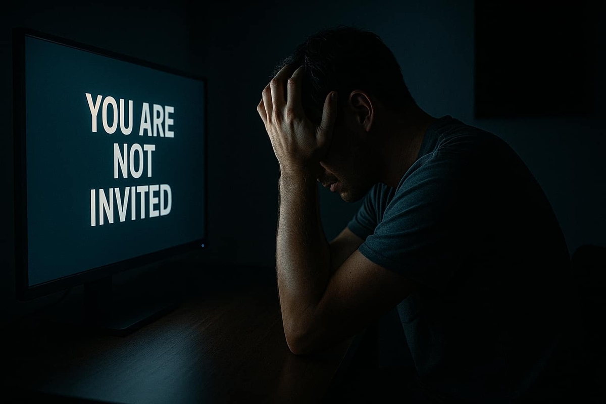 A devastated man sitting in front of a screen that says "YOU ARE NOT INVITED", holding his head in despair, alone in a dark room — reflecting deep frustration and disappointment.  ▶ 2枚目（やや構図が強調ぎみ） Alt text:  A man with his hands over his face, overwhelmed by rejection as the screen displays "YOU ARE NOT INVITED" — a moment of digital heartbreak.  ▶ 3枚目（やや寒色で演出が強く見える） Alt text:  A heartbroken gamer facing the harsh words "YOU ARE NOT INVITED" on his monitor, illuminated in cold blue light, showing isolation and exclusion.  💡 追加アドバイス（Discover最適化） この画像に太字テキスト「Switch2招待メール来なかった人の現実」などを重ねて、SNS向け・Discoverクリック率を上げるのも有効です。  Altテキストは英語でのDiscover掲載も狙えるため、共感ワード（rejection, disappointment, frustration）を含めるとGoodです。  この画像をアイキャッチに採用してもよいですか？それとも他の候補も比較しますか？