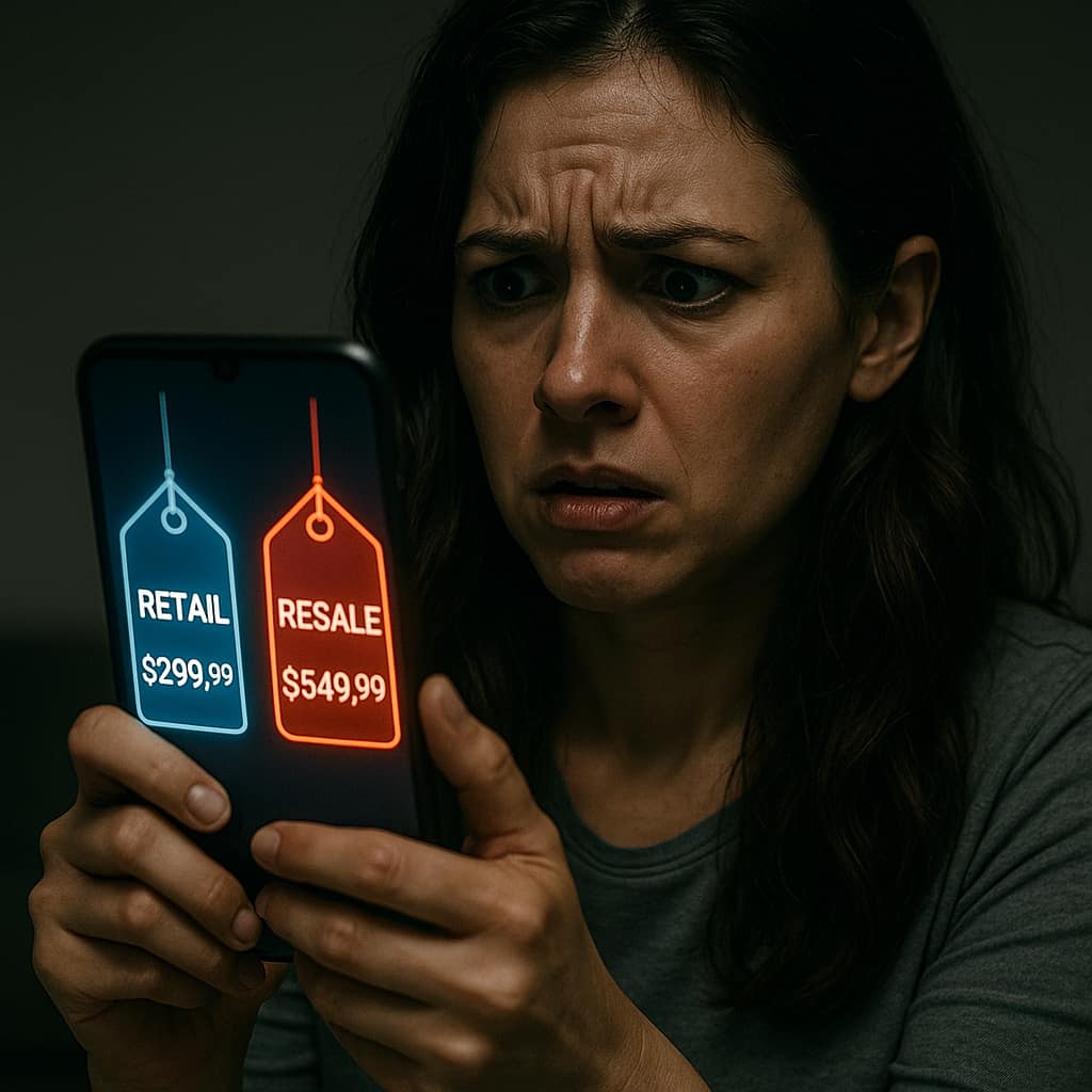 A confused woman looking at her phone, weighing the choice between retail and resale prices — facing the frustration of paying more just to get it now.