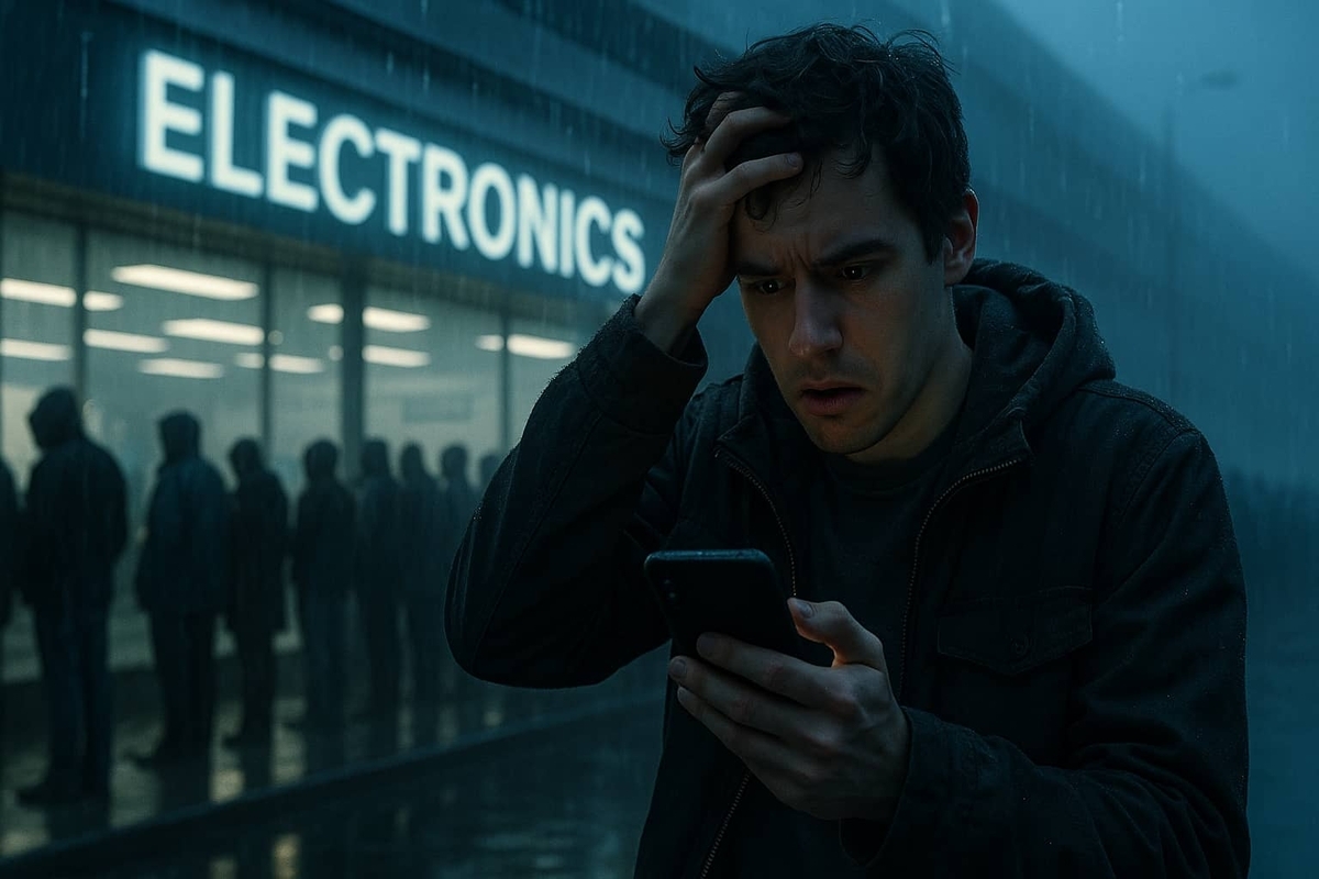 Man in shock while checking his phone outside an electronics store in the rain, with a long queue behind him — desperate to secure a console on release day.