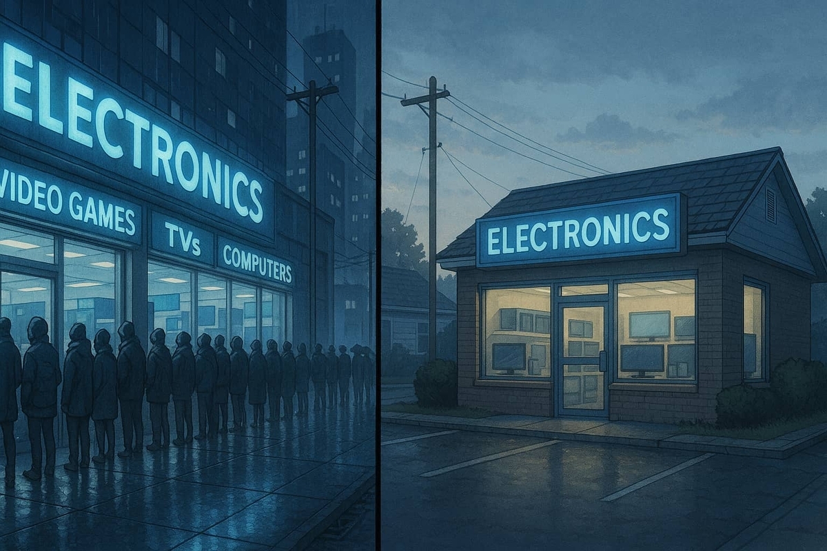 Stark contrast between two electronics stores: a massive crowd lined up in the rain outside a city location, while a quiet suburban store remains empty — highlighting the urban-rural stock difference.