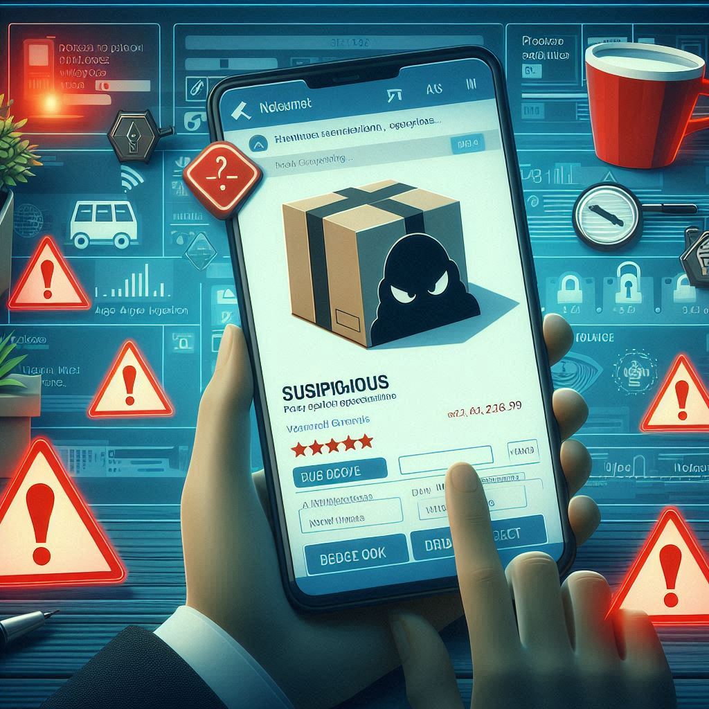 A person holding a smartphone showing a suspicious online listing with warning signs, dark icons, and alert symbols around. Modern UI with scam alert theme, 16:9, digital illustration, no branding.