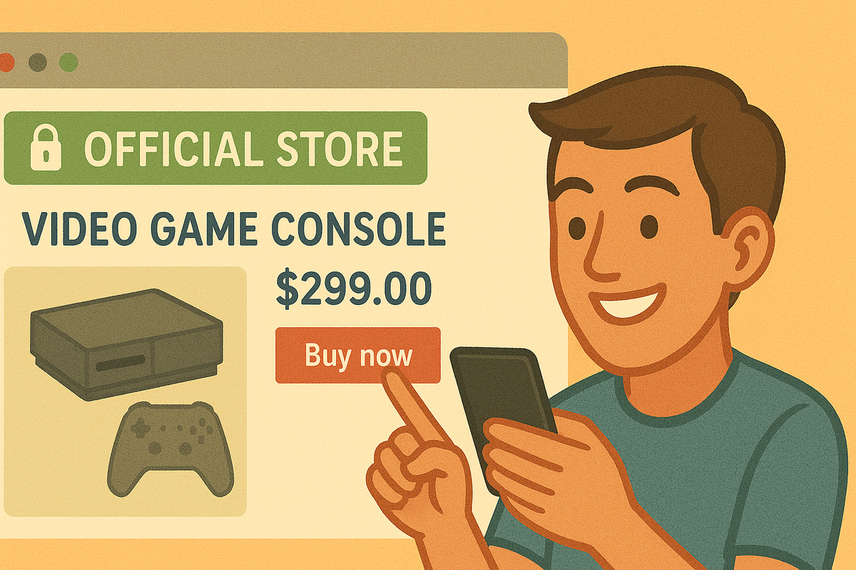 Happy shopper confidently purchasing a video game console from an official online store, feeling safe and satisfied with the price.