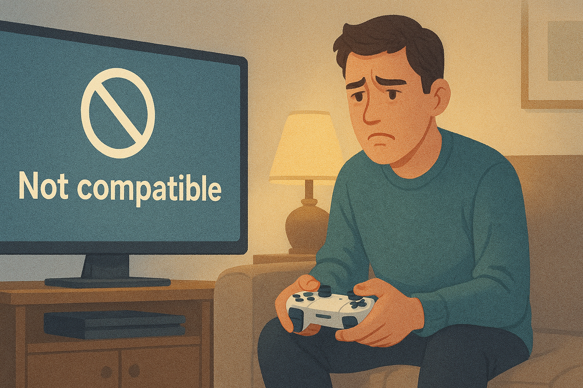 A frustrated gamer staring at a "Not compatible" message on screen, realizing their old console won't support the game.