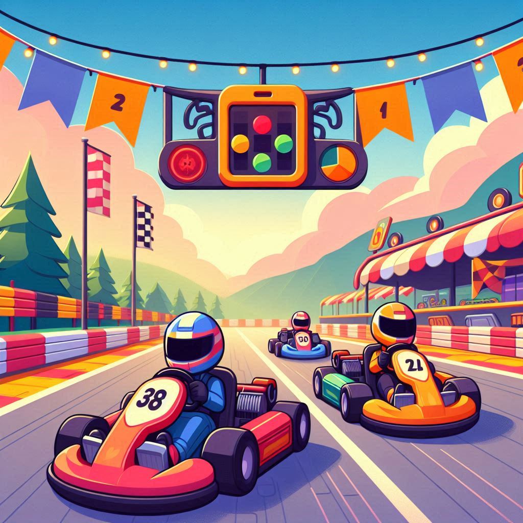  colorful cartoon-style go-kart race at the starting line, capturing the excitement and anticipation of a new racing adventure.