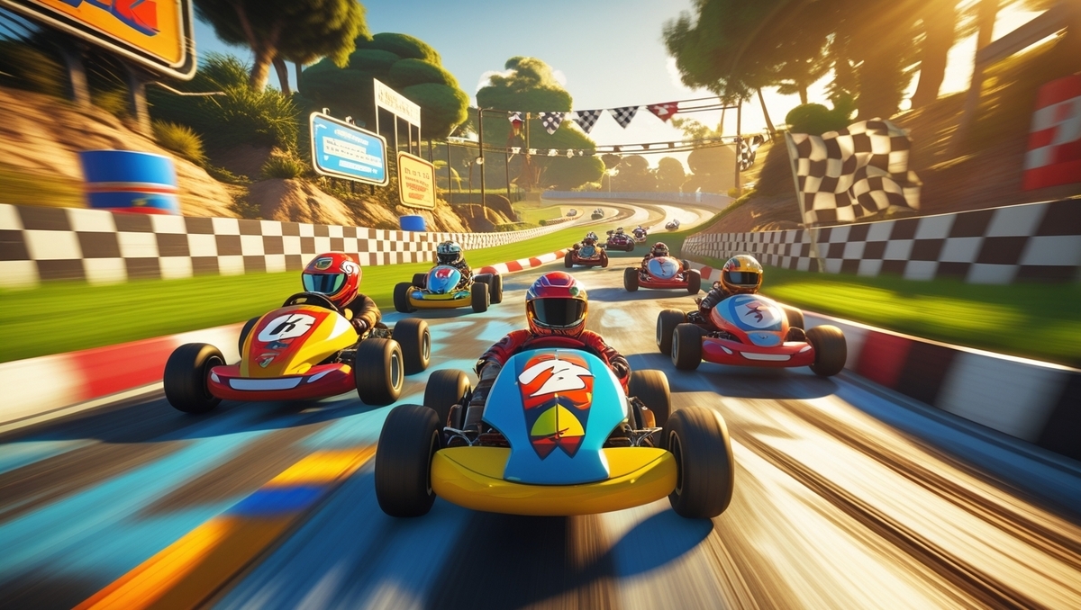 A dynamic go-kart race in full motion, with a front-facing racer speeding ahead under bright sunlight—capturing the thrill of next-generation racing excitement.