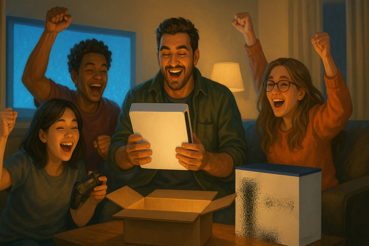 A joyful family celebrating the arrival of a new gaming console, cheering with excitement as they unbox it together in their cozy living room