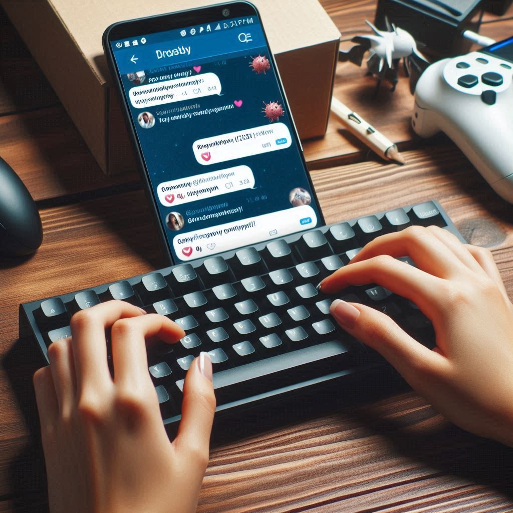 Excited hands typing joyful messages about a newly arrived game console, surrounded by gaming gear and a sense of anticipation