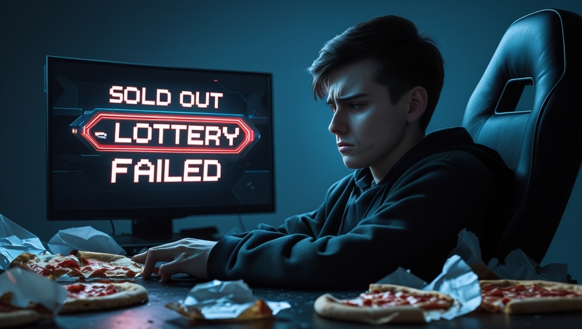 Devastated gamer staring at a computer screen showing 'SOLD OUT – LOTTERY FAILED', surrounded by leftover pizza, embodying the frustration of missing out on a highly anticipated console launch.
