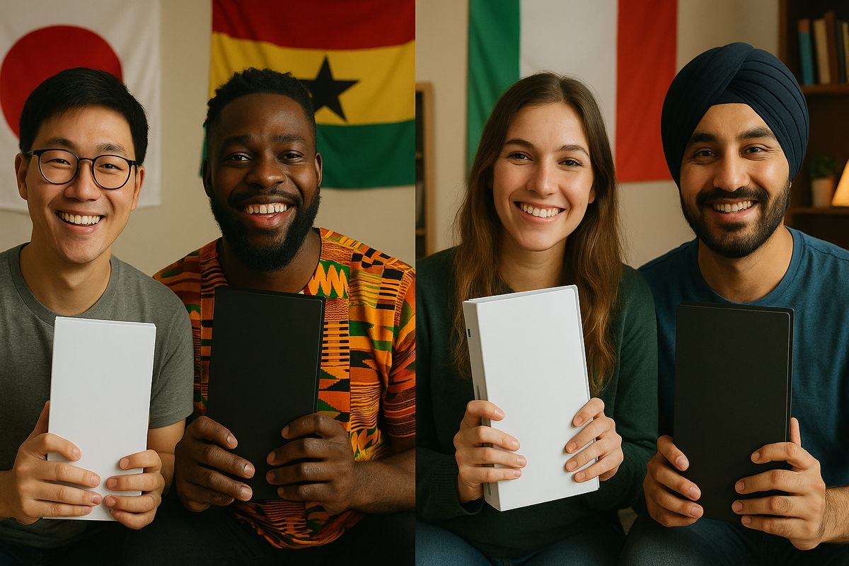 Smiling people from diverse backgrounds holding their brand-new gaming consoles, celebrating a global launch day with joy and unity.