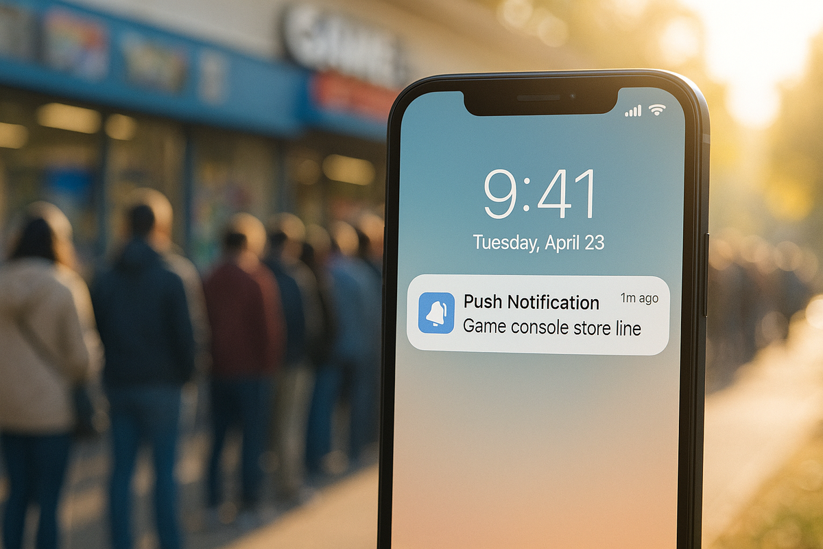 Exciting push notification on smartphone screen while a crowd lines up for a game console release