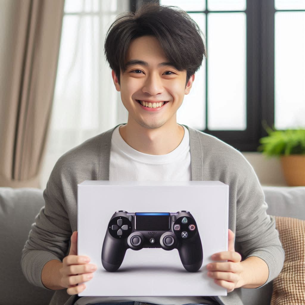 Happy young man holding a new game console box at home, smiling with joy after winning a rare lottery
