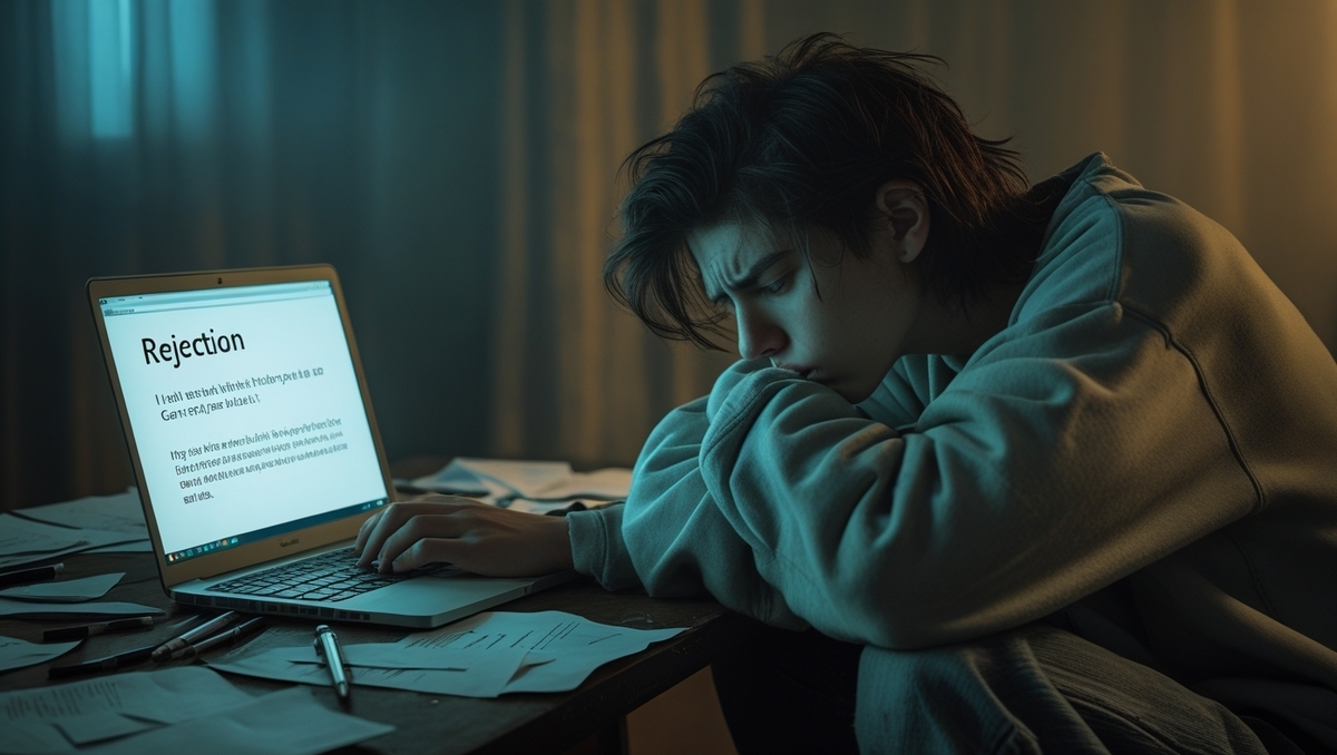 Disappointed young person staring at a laptop screen showing a rejection message, feeling crushed after losing a game console lottery