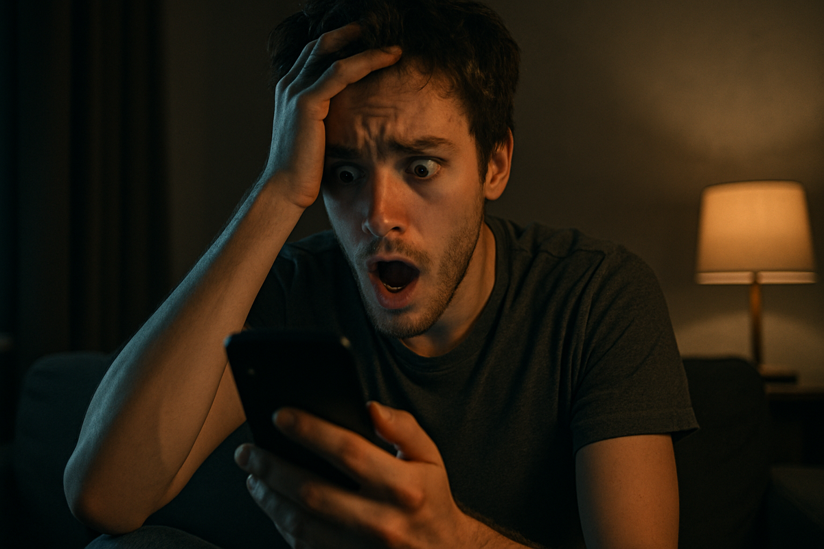 A shocked young man staring at his smartphone screen in disbelief after receiving a lottery rejection, sitting alone in a dimly lit room