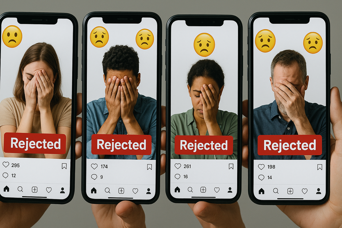 Multiple people holding smartphones showing 'Rejected' notifications with sad emojis, symbolizing collective disappointment from a lottery result.