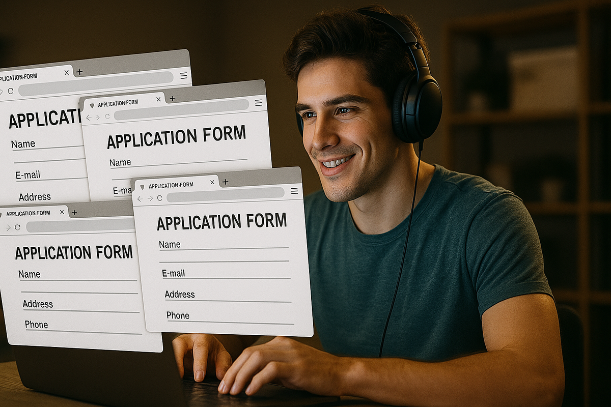 Hopeful man wearing headphones, smiling while submitting multiple online application forms on his laptop – representing strategic effort to win a competitive lottery.