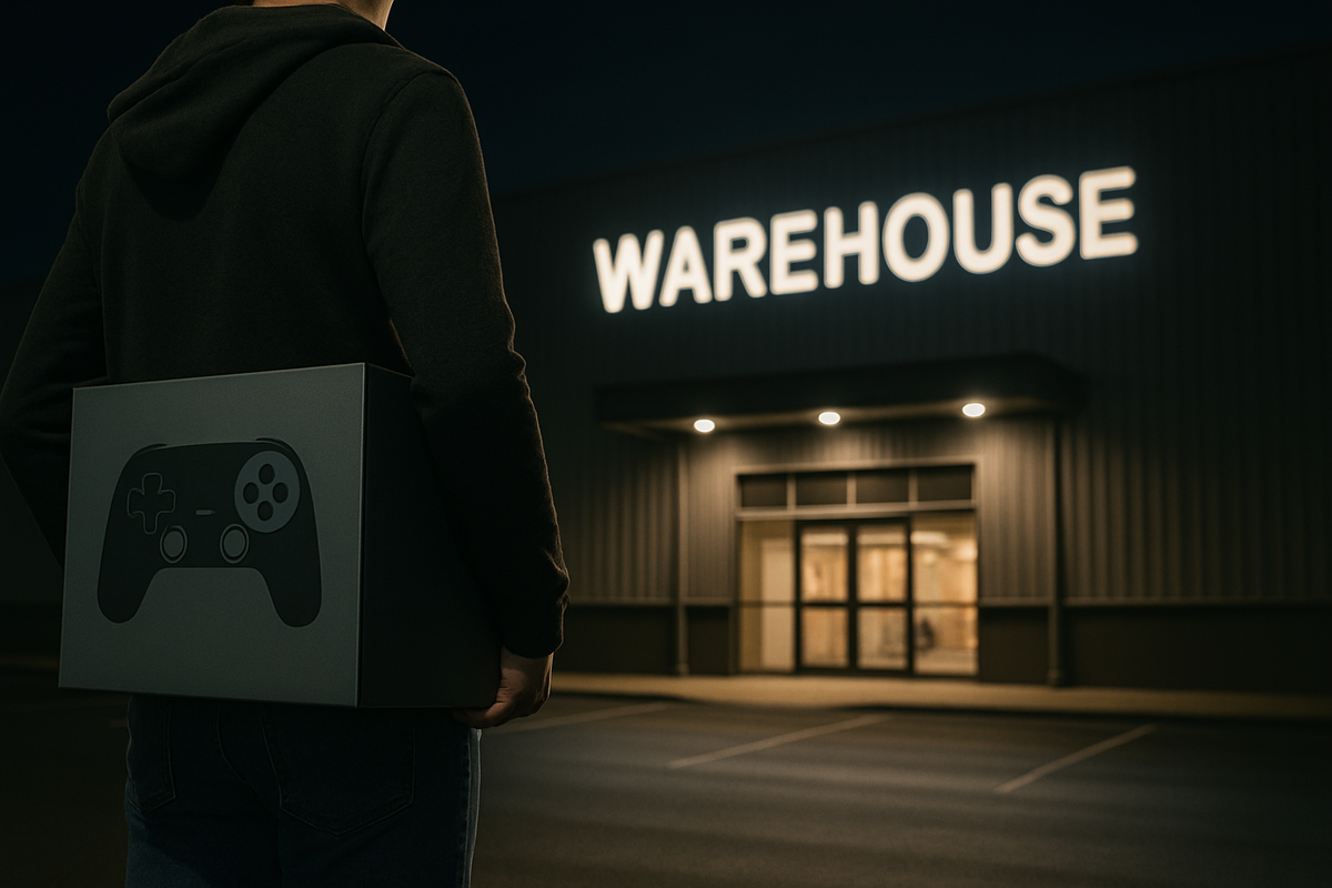 A person walking out of a warehouse at night, proudly holding a newly purchased game console — a victorious moment after a fierce buying race.