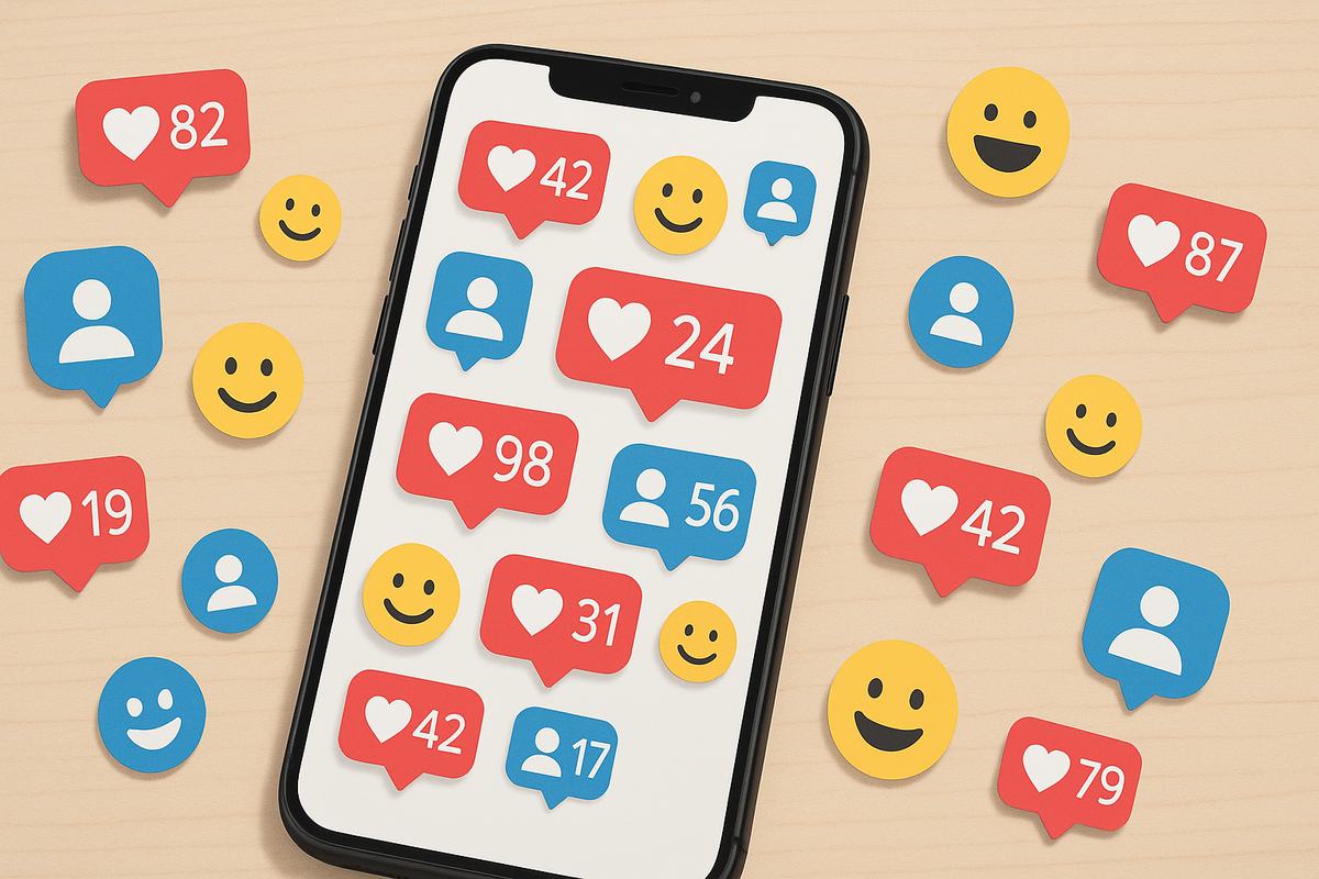 Minimalistic smartphone screen showing social media notifications like likes, comments, and followers – a quiet buzz of digital engagement.