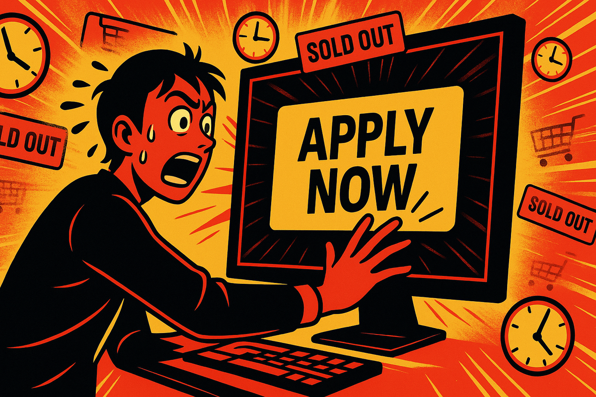 Panicked shopper rushing to click 'Apply Now' on a computer screen surrounded by 'SOLD OUT' signs and ticking clocks — capturing the frantic urgency of a high-stakes product release.