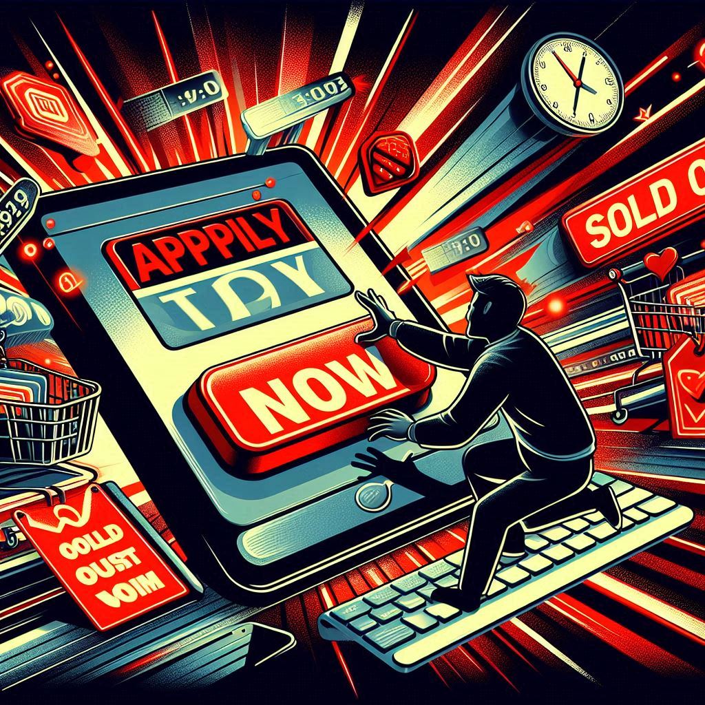 Desperate shopper racing to hit a giant 'Apply Now' button amid flashing clocks and SOLD OUT signs — a visual sprint for limited stock.