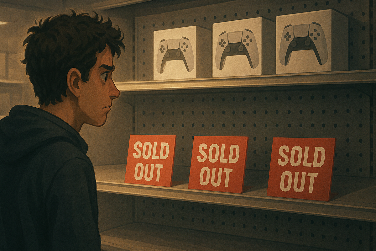 A disappointed shopper stares at empty shelves marked 'SOLD OUT' — the frustration of trying to buy a next-gen console in June.
