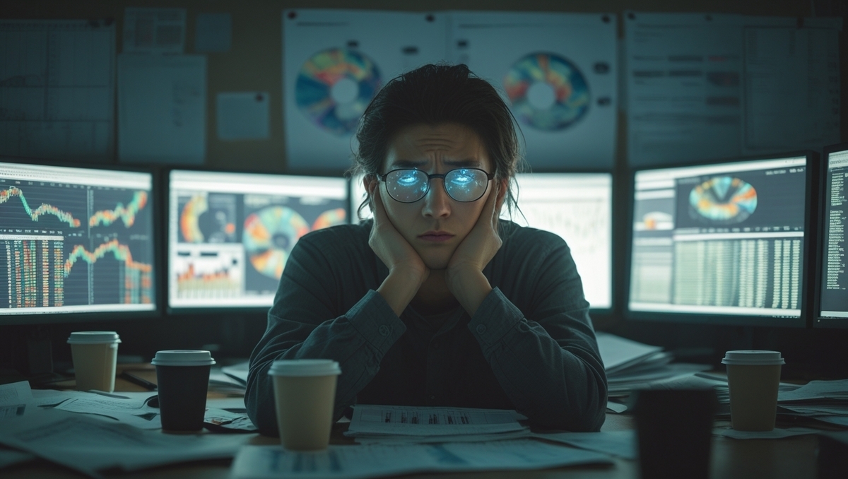 A tired analyst surrounded by multiple monitors and scattered documents, intensely focused on data graphs — capturing the emotional weight of tracking Switch2 stock shortages.