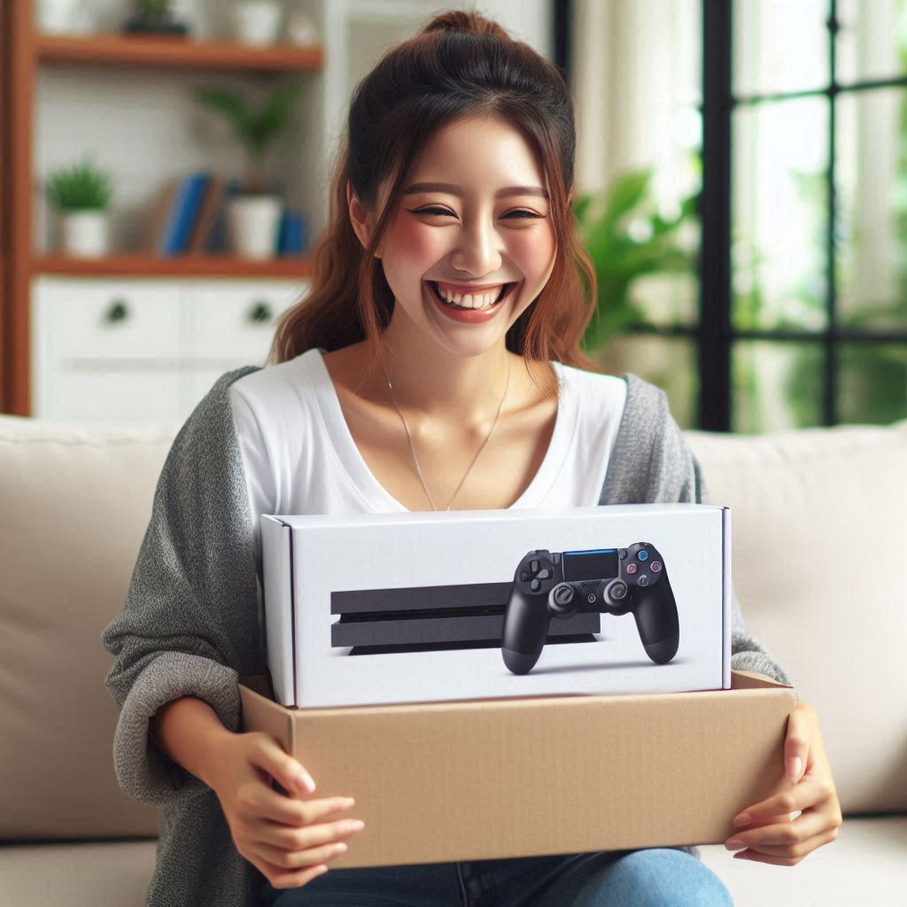 A smiling woman excitedly holding a game console delivery box at home — expressing pure joy after finally securing a high-demand item like Switch2.