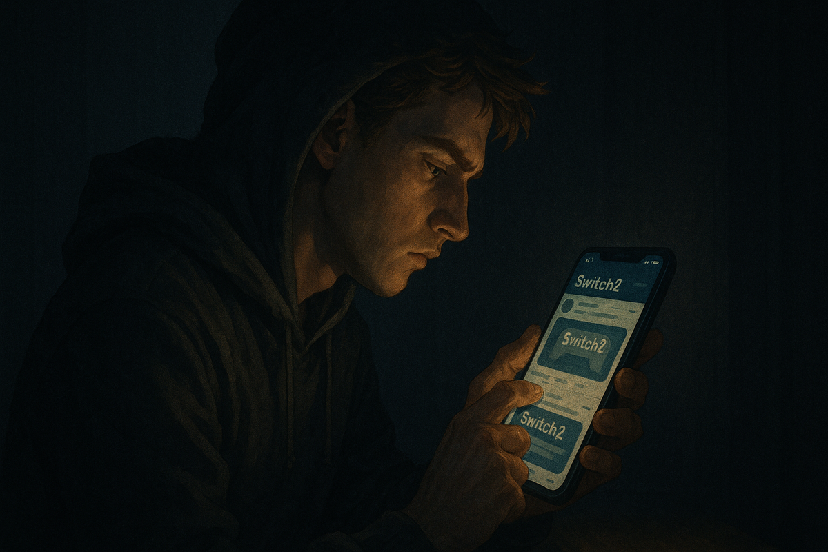 A determined man intensely scrolling on his smartphone in the dark, searching for Switch2 stock updates — capturing the tension and urgency of a gamer on a mission.