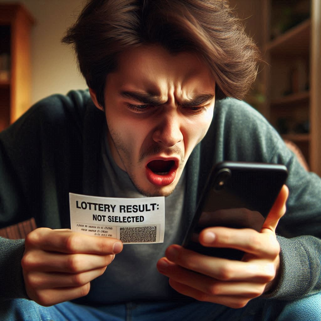 A shocked young man holding a "Lottery Result: Not Selected" ticket and staring at his phone in disbelief, expressing intense frustration after losing a high-stakes product lottery.