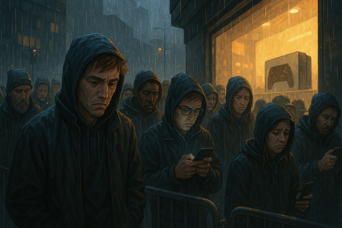 Disappointed people standing in the rain after losing a game console lottery, checking their phones with sadness and frustration on their faces