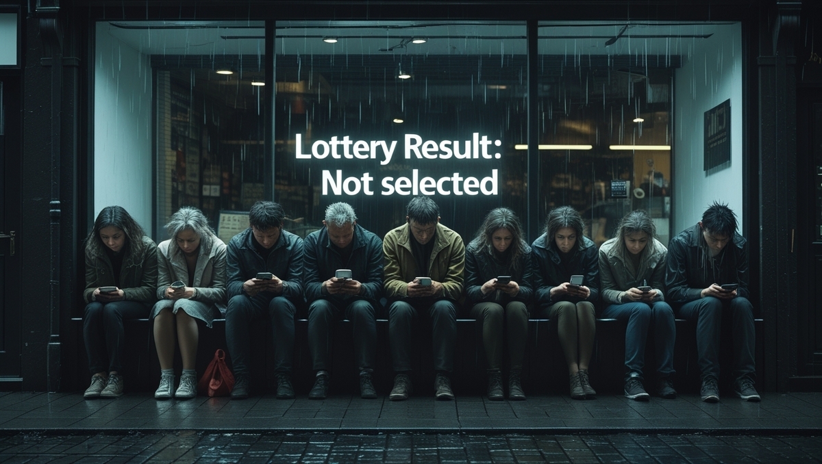 A group of disappointed people sitting in a row under the rain, all staring down at their phones. Behind them, a large sign reads "Lottery Result: Not selected", symbolizing mass rejection and shared frustration.