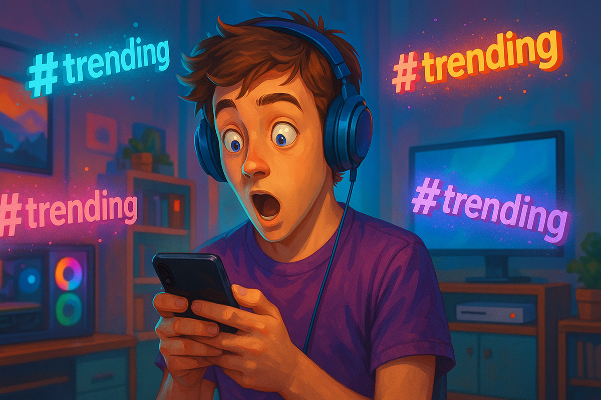 A surprised gamer staring at his smartphone as multiple #trending tags float around him — shocked by the news he just read.