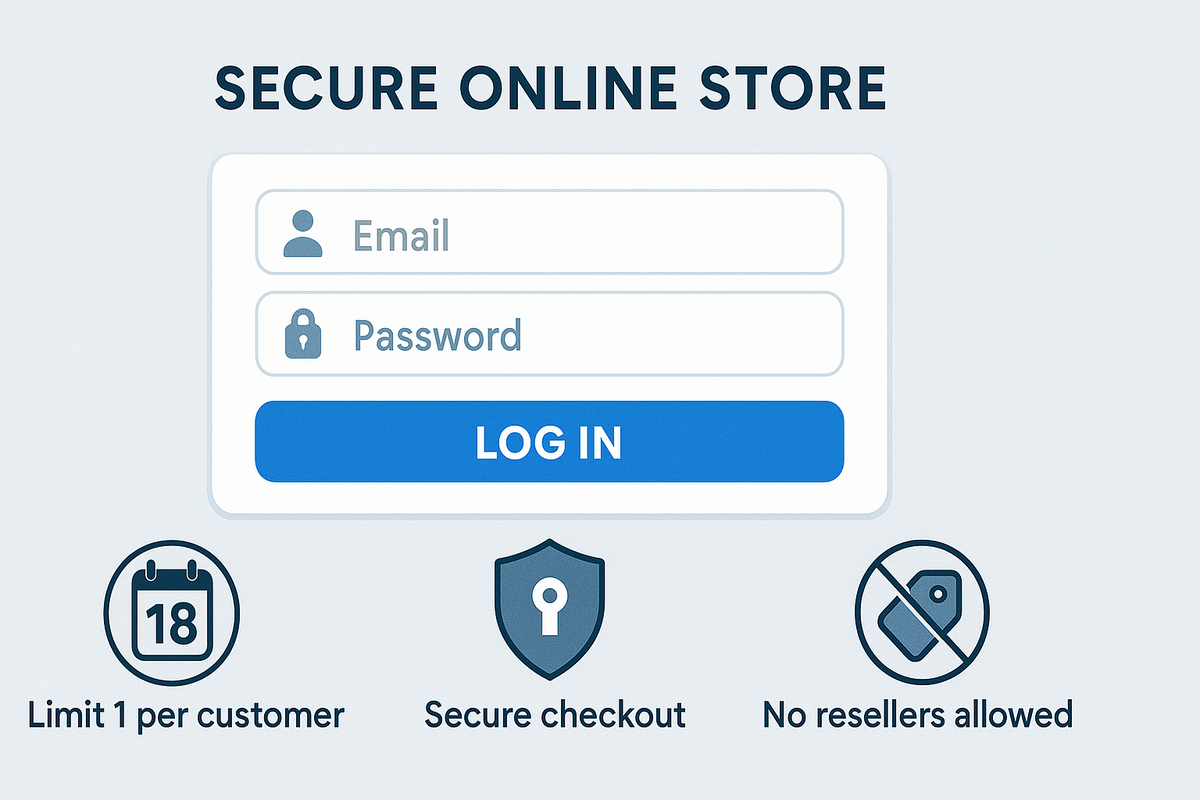 A secure online store login screen with clear anti-resale policies: one per customer, secure checkout, and no resellers allowed — a bold move to stop scalpers.