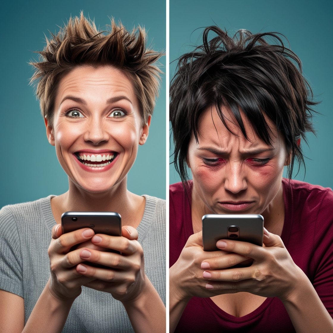 A joyful woman celebrating her lottery win on a smartphone next to a disappointed woman who just lost, both showing intense emotions.