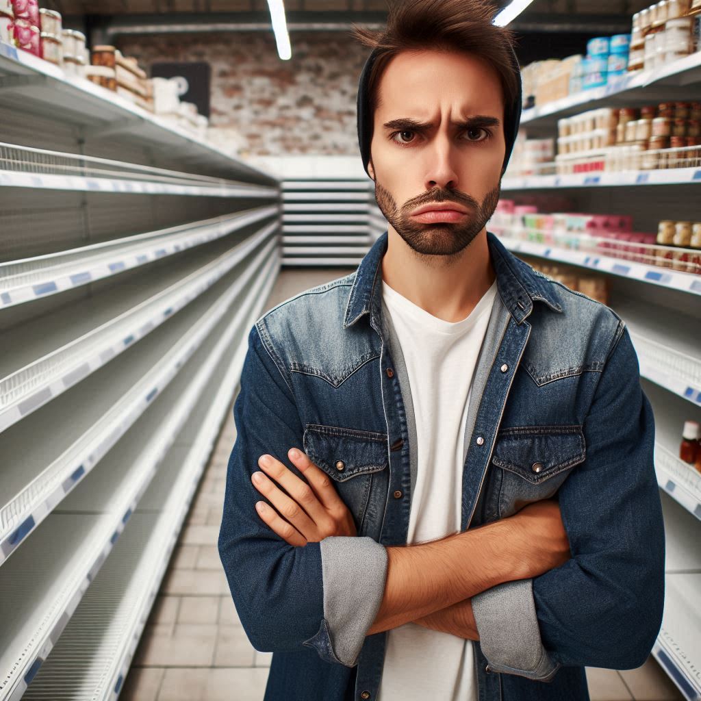A visibly frustrated man standing in front of empty store shelves, arms crossed, expressing disappointment and confusion about product unavailability.