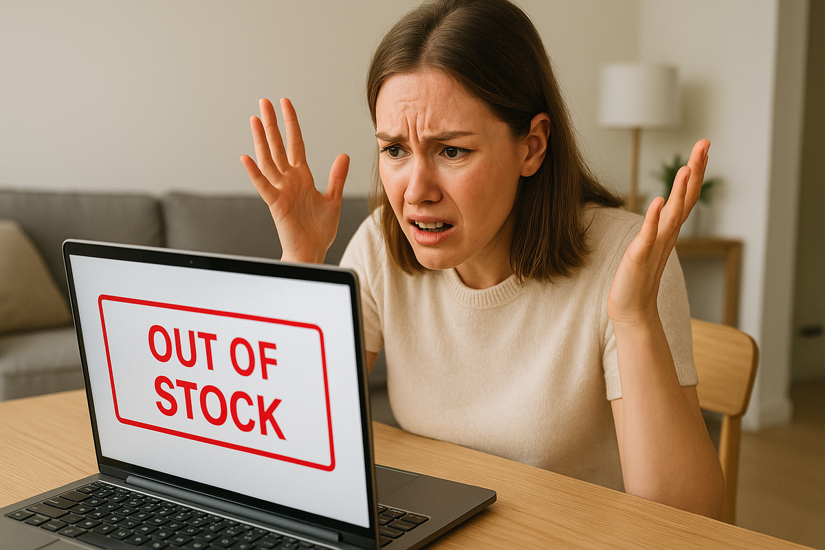 Frustrated woman reacting to 'Out of Stock' message on laptop, raising hands in disbelief after failing to buy a gaming item.