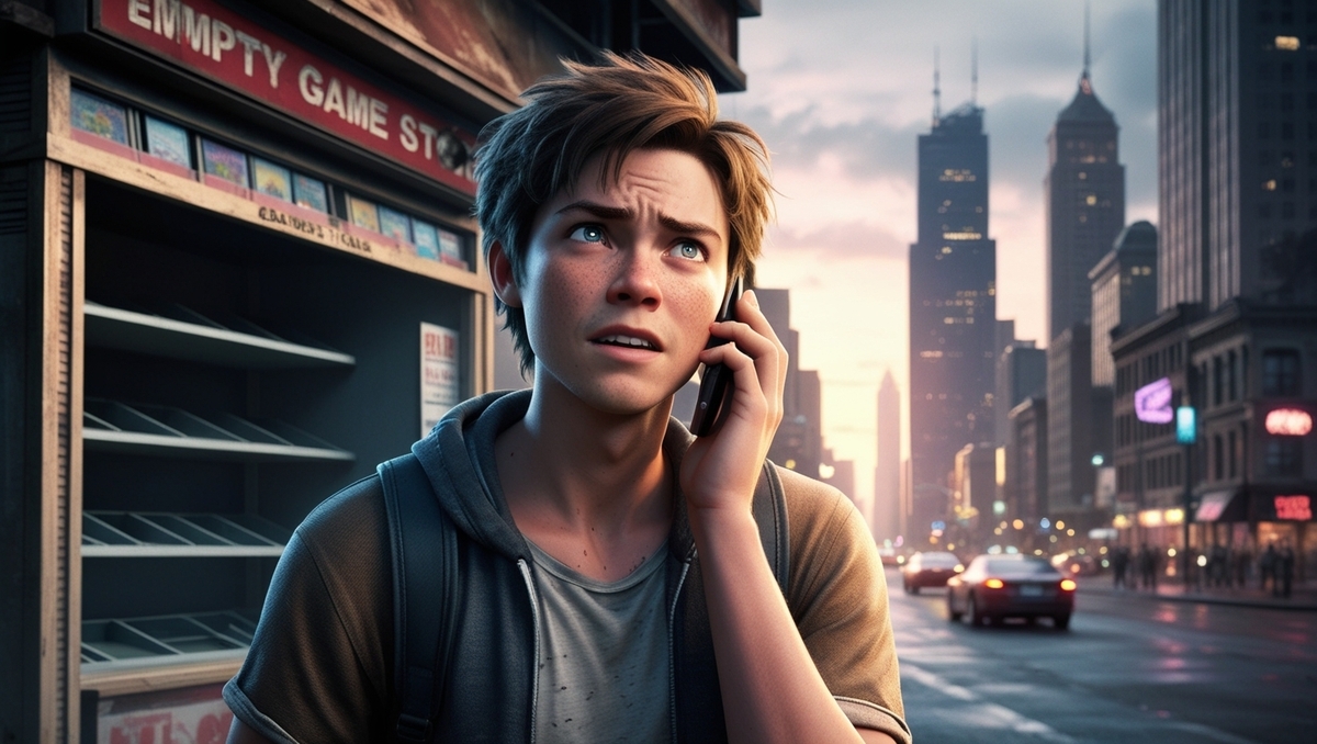  worried teenage boy on the phone in front of an empty game store at sunset, shocked and frustrated that the product is sold out.