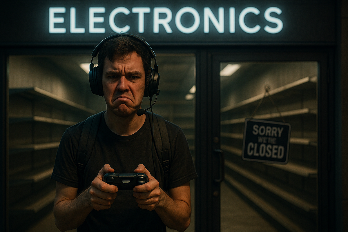 Frustrated gamer outside closed electronics store holding a game controller, showing anger and disappointment over sold-out Switch2.