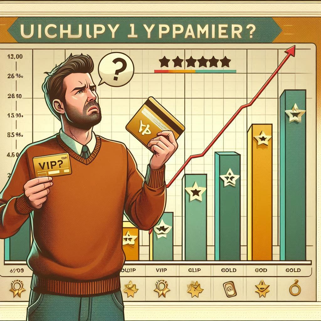 Confused shopper holding VIP cards in front of a rising chart, symbolizing frustration with Joshin's membership system for Nintendo Switch 2 lottery.