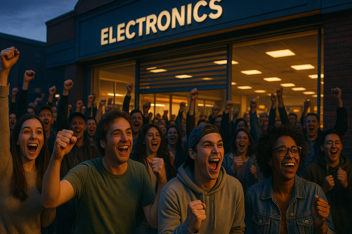 Overjoyed crowd erupting in cheers outside an electronics store at dawn, capturing the intense anticipation and hype of a major tech release day.