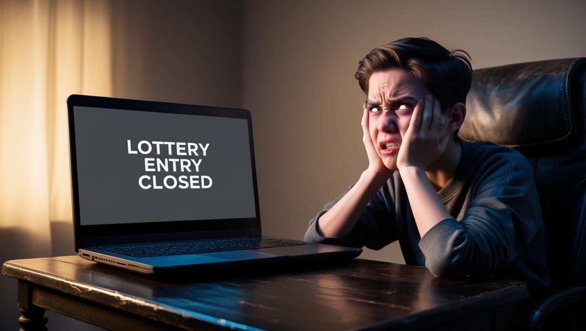 Frustrated teen reacts in disbelief to 'LOTTERY ENTRY CLOSED' message on screen, capturing the pain of missing out on a high-demand tech release.
