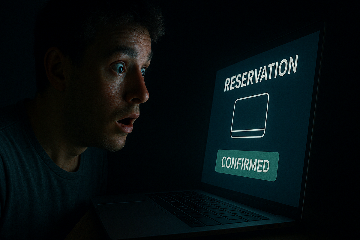Shocked and thrilled user stares at a glowing laptop screen showing 'Reservation Confirmed' message in a dark room – the moment of victory after a tense online battle